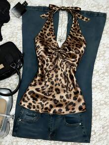 Franclia Women's Fashionable Front Tie Design Leopard Print Halter Neck Tank Top - Multicolor - View 1