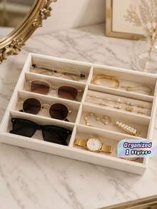 8-Compartment Velvet Fashion Glasses & Jewelry Storage Tray – Stackable Grey Display Tray, Polyester Fabric, Suitable For Eyewear And Accessories - Tray - View 1