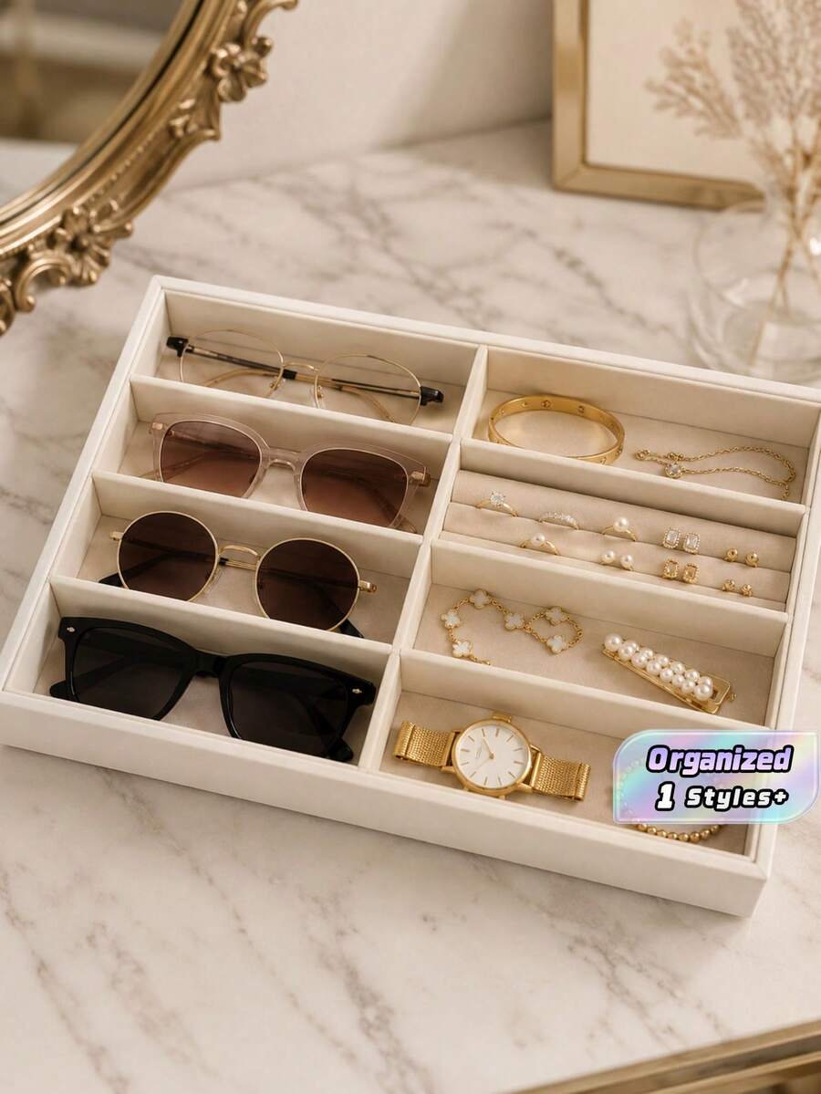8-Compartment Velvet Fashion Glasses & Jewelry Storage Tray – Stackable Grey Display Tray, Polyester Fabric, Suitable For Eyewear And Accessories - Tray - View 1