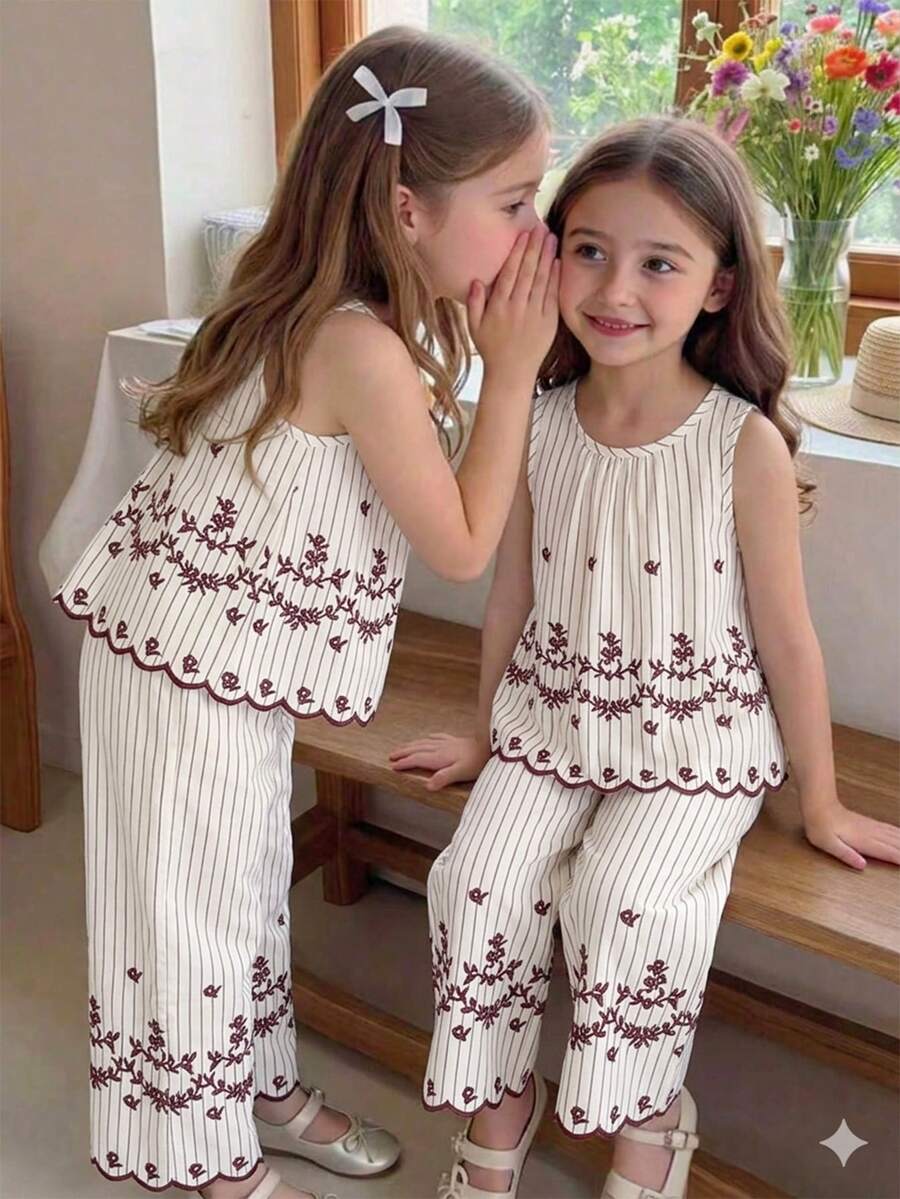 SHEIN Vintaside Kids 少女夏季黑白簡約優雅風直條紋花卉刺繡無袖上衣 & 寬腿長褲套裝,適合日常出遊、休閒旅行、校園穿搭、派對活動及拍照穿搭 - 棕色 - 查看 1