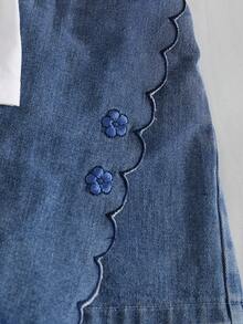 SHEIN Elladie kids 女童圓領針織T恤與牛仔裙套裝，對比色刺繡工藝，休閒可愛花卉刺繡短袖套裝，適合夏季日常穿著與度假 - 藍色 - 查看 7