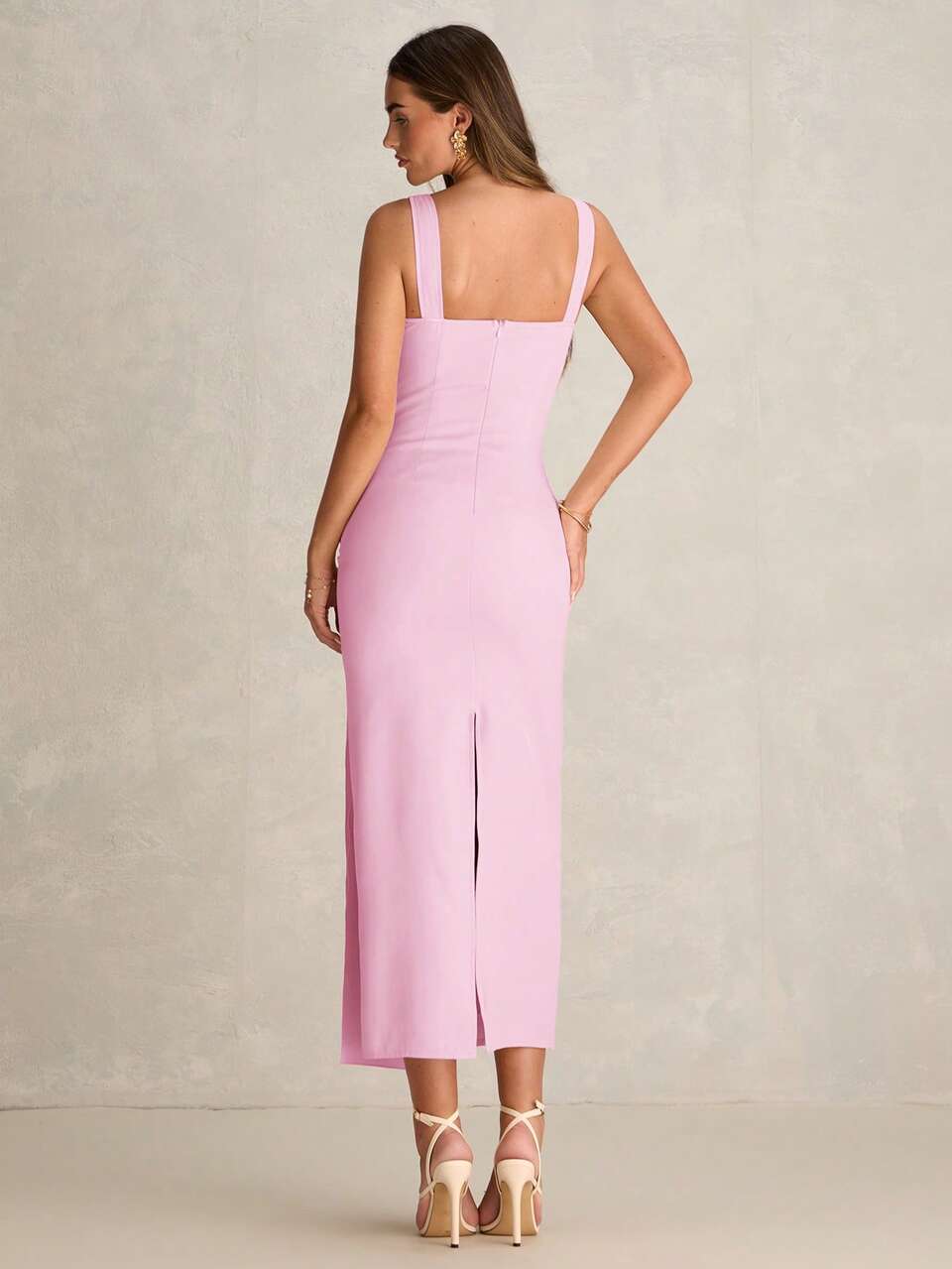 Enchnt Women's Elegant Sexy Waist-Cinched Slimming Metal Buckle Pleated Dress Party Pink Summer