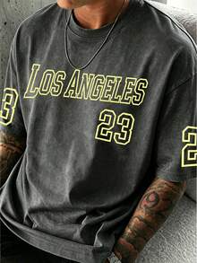 Manfinity EMRG Men's Los Angeles City Letter 23 Washed Cotton T-Shirt - Black - View 3