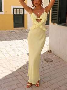 Aloruh Women's Elegant Lace Patchwork Ruffle Hem Decor Slim Fit Solid Color Chiffon Dress Party Pale Yellow Summer, Graduation Clothing - Light Yellow - View 4