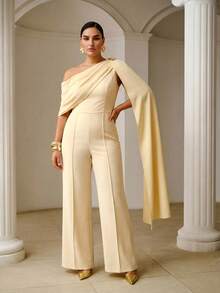 ZEYLAH Plus Size Women's Spring/Summer Asymmetrical Shoulder Ribbon Wide Leg Flare Jumpsuit - Light Yellow - View 4