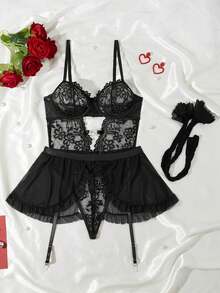 SHEIN 3pcs Set: Sexy Lace Contrast Mesh Bodysuit + Ruffle Garter Skirt + 2pcs Stockings - Black - View 3