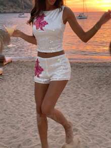 Opulessa Women's Floral Sequin Versatile Shorts - White - View 2