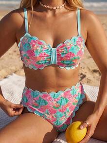 Swim Vcay 2026 New Spring/Summer Plus Size 2-Piece Seashell & Floral Random Print Halter Bikini Set With Detachable Straps, Suitable For Beach & Resort Wear - Multicolor - View 5