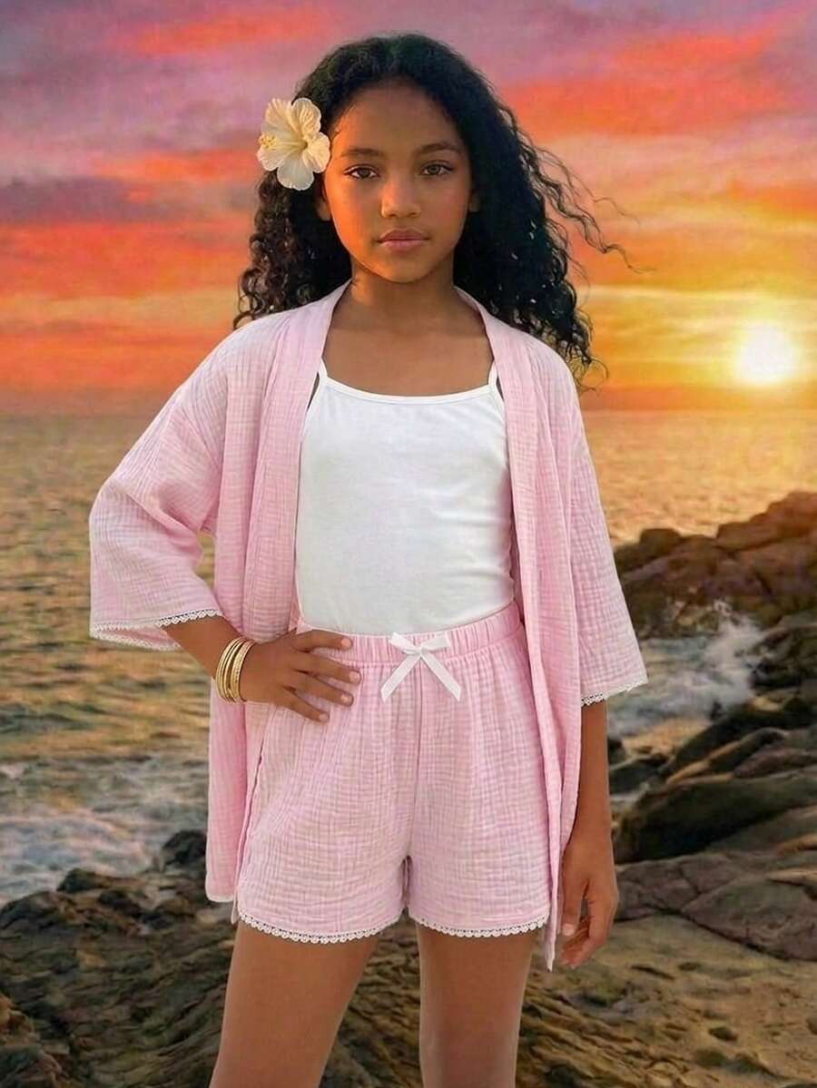 Travachic KIDS Tween Girl Vacation Drop Shoulder Kimono Shirt And Shorts Set - Pink - View 1