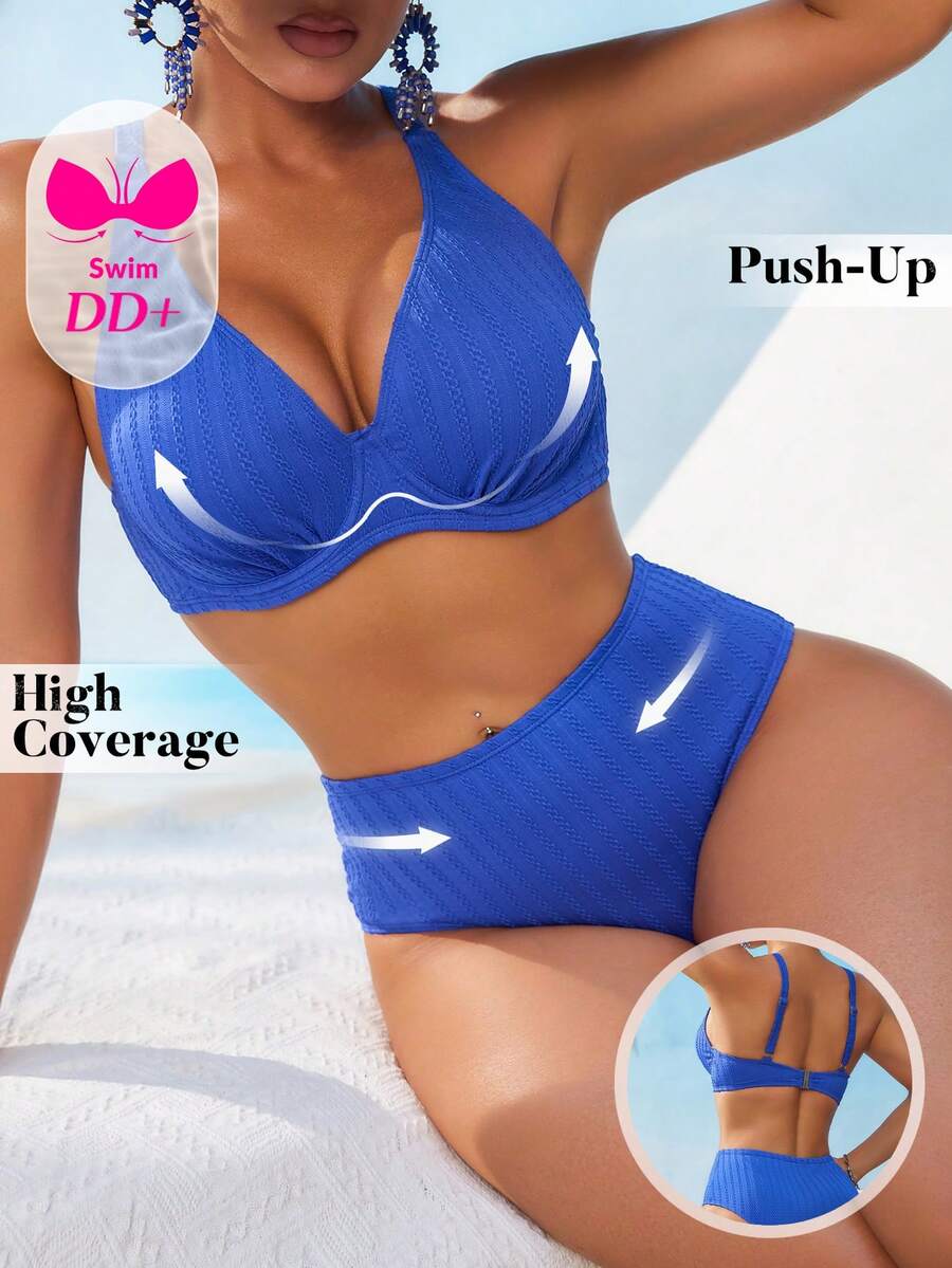 Swim DD+ 女款性感墊臀鋼圈時尚紋理面料 DD+ 皇家藍高腰兩件式夏季比基尼套裝 - 藍色 - 查看 1