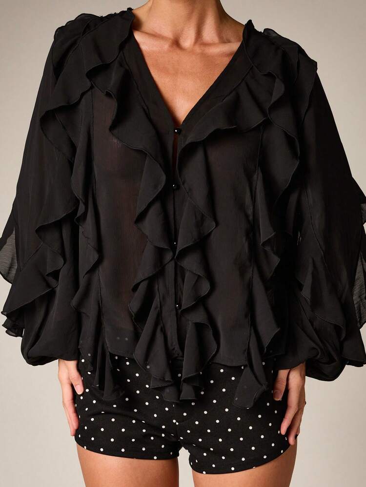 AiiRZ Blusa nera in chiffon con maniche a palloncino, arricciata, con bottoni sul davanti e rouches drammatiche, moda autunnale