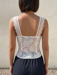 DAZY Women's Textured Fabric Patchwork Lace Trim Waist-Cinched Cropped Square Neck Casual Elegant Vacation Beach Vacation Summer Tank Top White - White - View 2