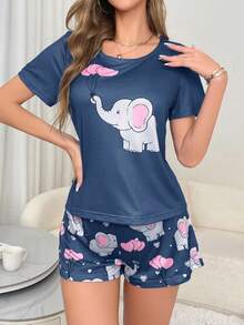 SHEIN Cute Elephant Heart 2 Pieces Women's Pajama Set - Multicolor - View 4