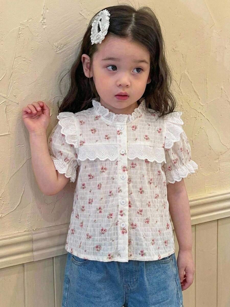 SHEIN Genkimix Kids 女童休閒碎花荷葉邊泡泡袖短袖上衣,適合夏季休閒外出 - 白色 - 查看 1