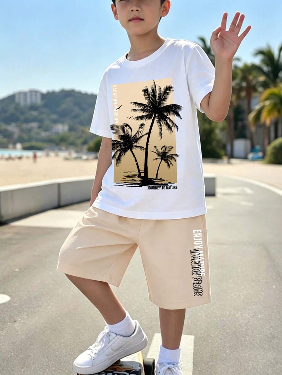 青少年男孩休閒時尚舒適百搭2件套,男孩休閒服飾,柔軟舒適短袖與短褲運動套裝,度假風椰子樹圖案,夏季首選,時尚休閒穿搭,返校派對,適合度假、戶外野餐、街拍、校園、節日、禮品使用 - 彩色 - 查看 1