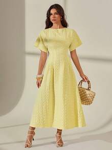 SHEIN Tall 奶油黃女款優雅提花收腰長洋裝，夏季洋裝黃色中長洋裝檸檬洋裝女款奶油黃洋裝女款紋理中長洋裝 - 黃色 - 查看 6