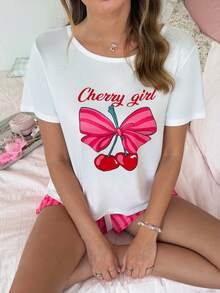 SweetSlumber Sweet Cute Ins Hot Pink Cherry Bow Print Round Neck Comfortable Knit Women's Pajama Set Home Cherry Print Summer Back-To-School Lounge Cute Y2k - Multicolor - View 3