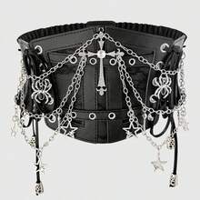 ROMWE 1pc Women Black Lace Chain Skeleton Cross Ribbon Decor Goth Style Elastic Waist Belt, Gothic Halloween Costume Accessory - Black - View 6