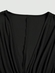 Elenzga Early Spring/Early Summer New Sexy Elegant Fashion Design Deep V-Neck Pleated Double Layer Rhinestone Square Buckle Fitted Slimming Bodycon Ruffle Hem Short Dress With Cap Sleeves For Women - Black - View 6