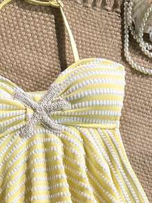 SHEIN Tween Girl Patchwork Striped Sweet Halter Neck Tank Top And Triangle Bikini Bottom Swimsuit Set - Yellow - View 3