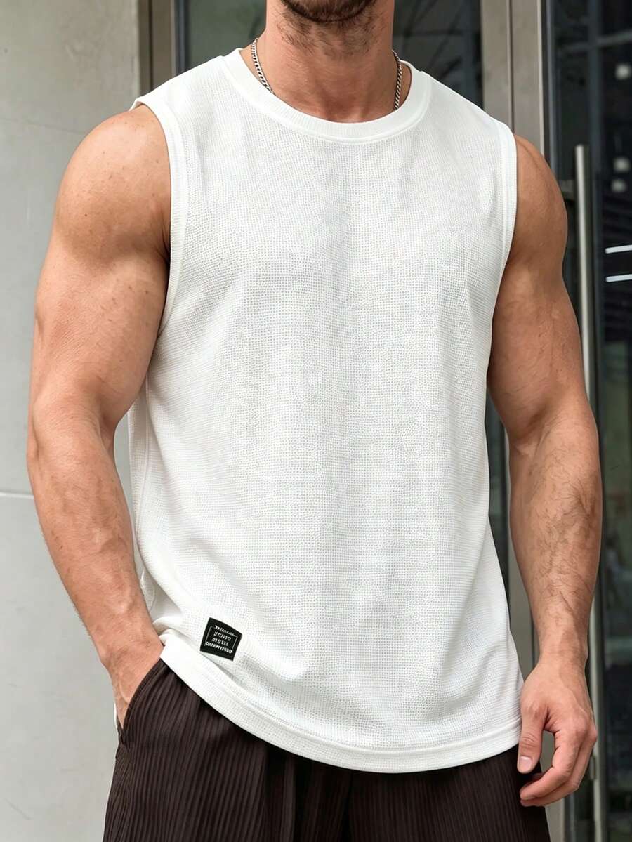Manfinity CasualCool 男士春夏季無袖背心,華夫格紋理面料白色,成熟休閒織標設計背心 - 白色 - 查看 1