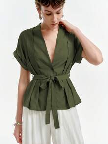 Aalyst Women's Spring/Summer Commute Single-Thread Bamboo Linen Solid Color V-Neck Pleated Dropped Shoulder Cuffed Short Sleeve Blouse - Army Green - View 4