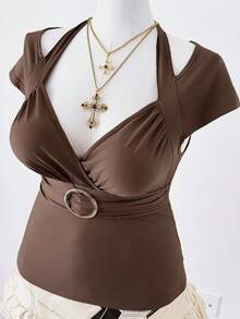 Sunspun Plus Size Women Square Neck Ruched Long Sleeve Tight Fit Metal Ring Elegant Vintage Casual Home Brown T-Shirt - Brown - View 7