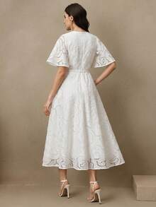 Savoree Elegant 3D Embossed Floral Jacquard White Cinched Waist Round Neck Flutter Sleeve Midi Dress For Women - White - View 2