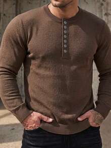 DAZY Spring/Summer Textured Fabric Brown Half-Open Front Men's Plus Size Knit Top - Brown - View 3