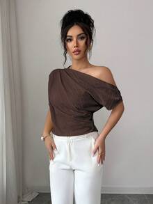 Elenzga Women's Spring/Summer New Elegant Sexy Asymmetric Shoulder Design Textured Pleated Minimalist Solid Color Loose Fit Slimming Suitable For Dark Brown - Brown - View 7
