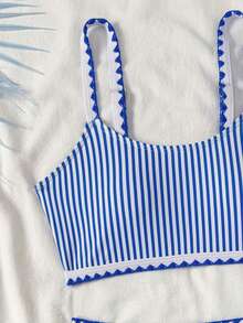 SHEIN Tween Girl Vacation Beach Striped Bikini Two Pieces Set - Blue and White - View 4