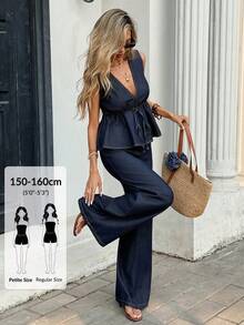 SHEIN PETITE Petite Women's Dark Wash Denim Two Piece Outfit, Sleeveless V Neck Drawstring Top With Wide Leg Pants For Summer Casual Streetwear - Dark Wash - View 1