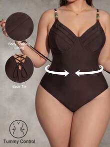 Shapewave Plus Size Women's Solid Color Beaded Detail Fashionable One-Piece Swimsuit Beach Brown Summer Sexy - Coffee Brown - View 1