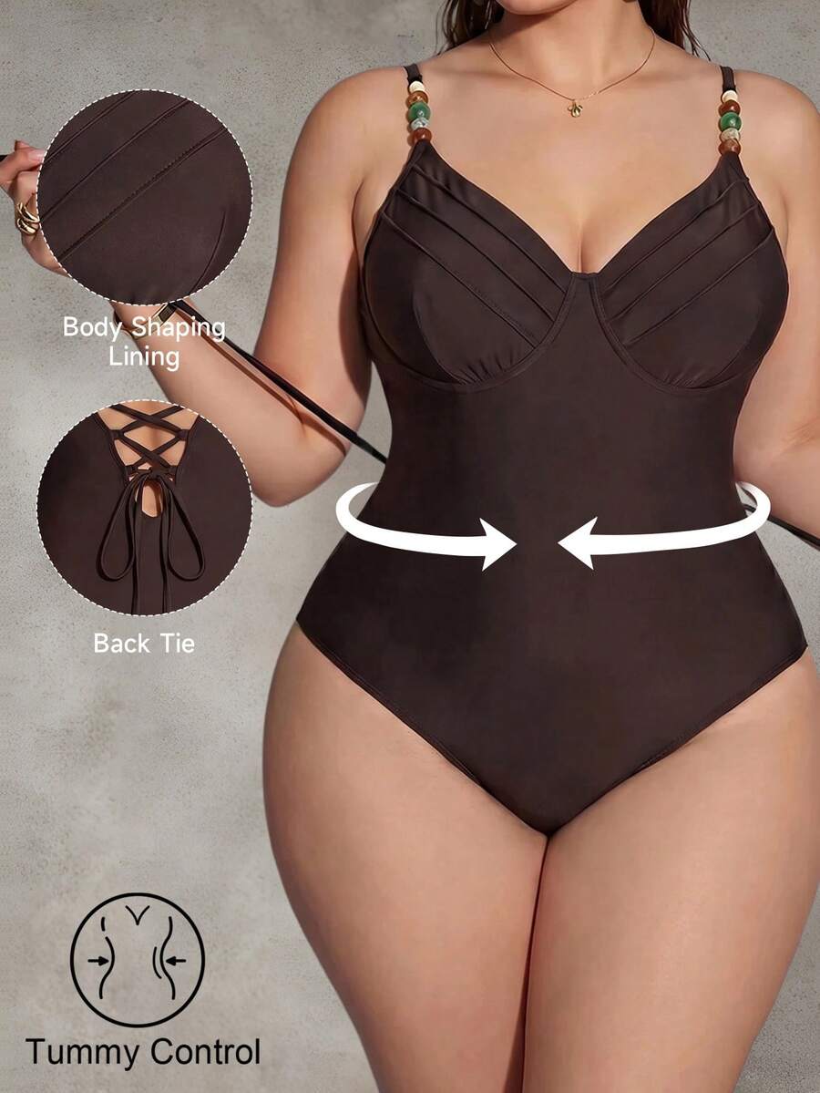 Shapewave Plus Size Women's Solid Color Beaded Detail Fashionable One-Piece Swimsuit Beach Brown Summer Sexy - Coffee Brown - View 1