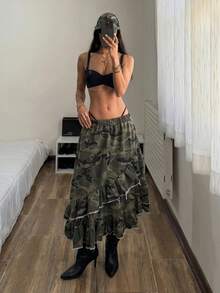 SHEIN 女款迷彩時尚不對稱荷葉邊牛仔裙 - 彩色 - 查看 4