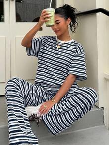 Muchica 女款海軍藍條紋針織休閒套裝 - 藏蓝色 - 查看 3