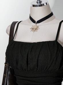 SHEIN ICON 大尺碼女款素色壓褶紋理面料細肩帶洋裝 - 黑色 - 查看 5