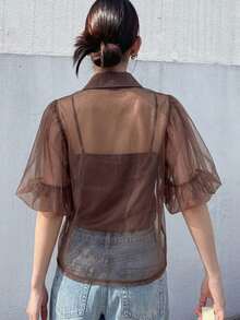 FRIFUL Women's Solid Brown Round Neck Puff Sleeve Sheer Mesh Loose Casual Versatile Layering Top Summer - Brown - View 2