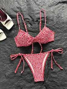 Swim Mod 女款春夏度假碎花印花支撐胸部抽繩褲側抽繩比基尼套裝 - 彩色 - 查看 3