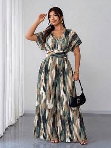 Elenzga Plus Size Ink Wash Sunset Glow Emerald Green Effect Pattern Pleated Textured Fabric V-Neck Dolman Sleeve Long Pants Women's Jumpsuit Summer Elegant - Green - View 3