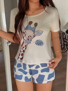 Women's Casual Fun Giraffe Print Pajama Set - Apricot - View 1