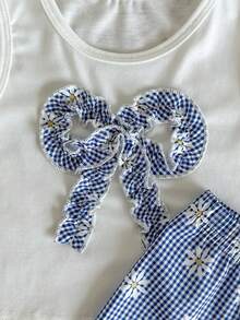 SHEIN BABY GIRL Summer Blue Set Textured Sleeveless Top Blue Plaid Shorts Decorated With Blue Bows Daily Outing Essential - Blue - View 5