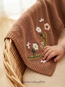 Cozy Pixies 1件裝極簡棕色針織嬰兒毯：精緻刺繡工藝，適用於多種場合，時尚兒童針織毯 - 咖啡棕 - 查看 1