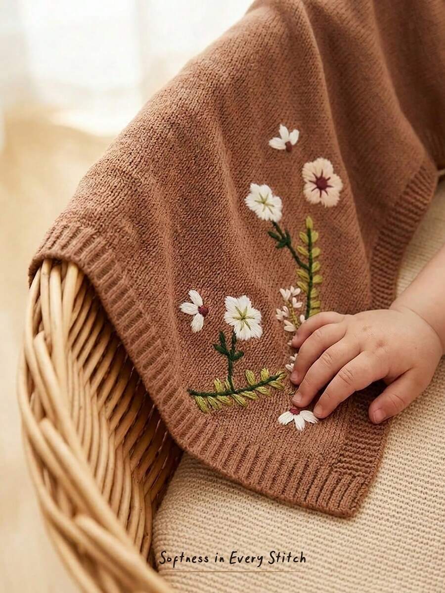 Cozy Pixies 1件裝極簡棕色針織嬰兒毯：精緻刺繡工藝，適用於多種場合，時尚兒童針織毯 - 咖啡棕 - 查看 1