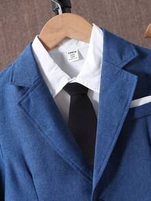 SHEIN Bộ vest 2 món cho bé trai tuổi teen, trang phục quý ông lịch sự cao cấp, thời trang nam tính cho tiệc, công sở, đám cưới, biểu diễn sân khấu và MC, áo blazer dài tay + quần dài, mùa xuân hè thu - Màu xanh hải quân - Xem 4