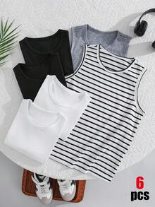 SHEIN 6pcs/Set Kids Tween Boys' Casual Street Versatile Crew Neck Undershirt Camisole,Suitable For Commuting,School,Daily Wear,Sports,Spring/Summer - Multicolor - View 4