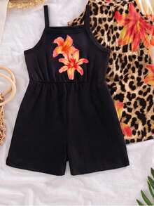 3pcs/Set Girls Toddler Summer 2026 New Style Spaghetti Strap Large Floral Print All-Over Fitted Romper Shorts, Simple Versatile Fashion Vacation Style - Multicolor - View 5