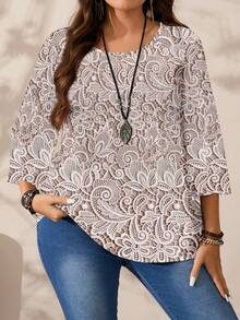EMERY ROSE Plus Size Women Casual All-Over Print Round Neck Loose 3/4 Sleeve Shirt, Autumn/Winter - Dusty Pink - View 5