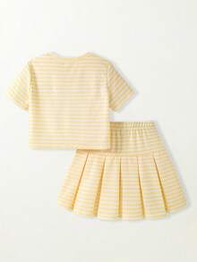 Casuvi Kids 青少年女孩圓領條紋拼接蝴蝶結裝飾短袖T恤與百褶裙休閒日常穿搭套裝 - 黃色 - 查看 2