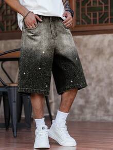 Manfinity EMRG Men's Plus Size Rhinestone Embellished Wide Leg Denim Shorts - Light Grey - View 4